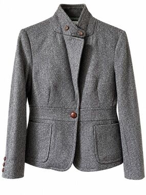 L.L.Bean 100% Shetland Wool Herringbone High Stand Collar Blazer US 12 Bird Dog